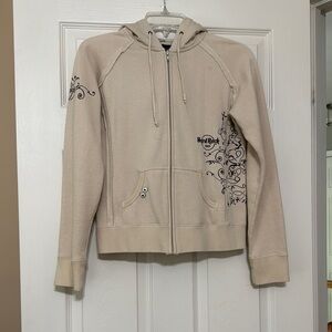 Hard Rock Cafe Women's Beige Hoodie with Brown Accents